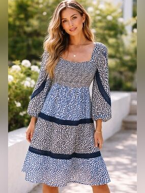 Smocked Square-Neck Long Sleeve Midi Dress in Blue Spot
